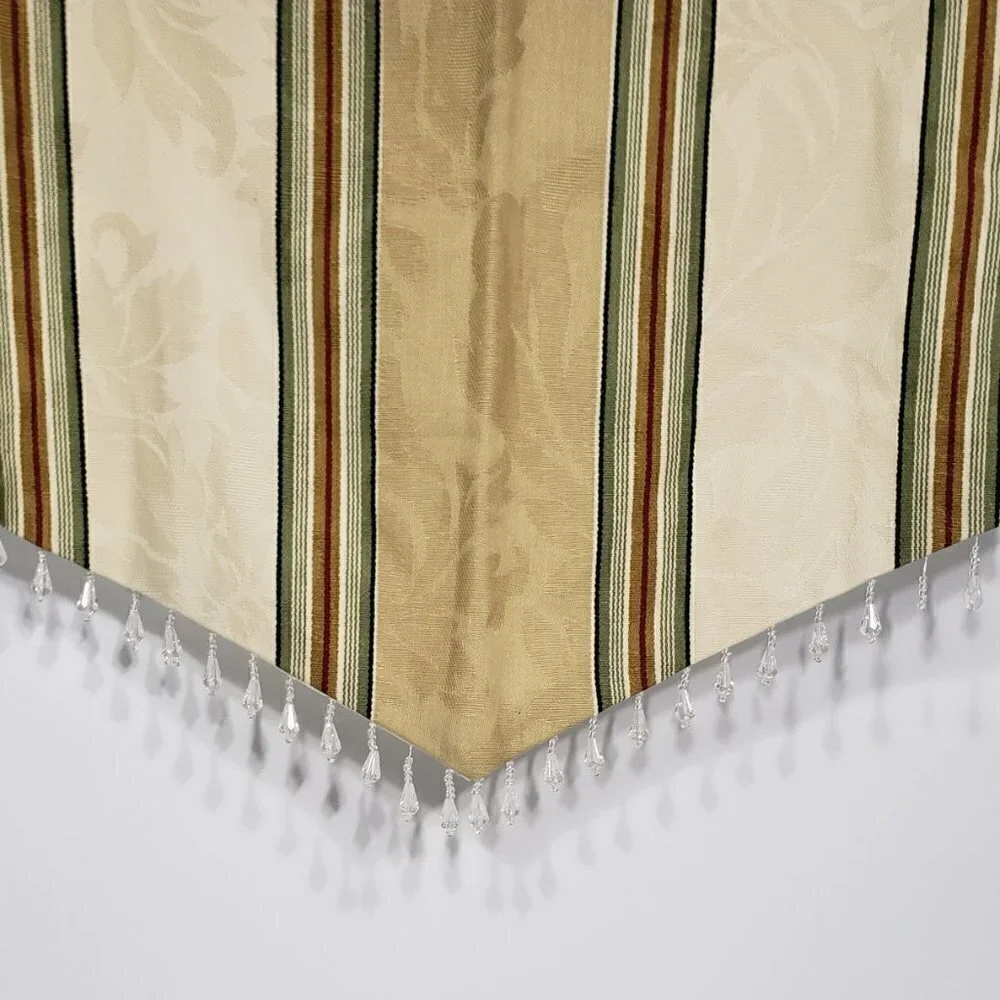 Waverly Cream Green Burgundy Striped Valance with beads 50